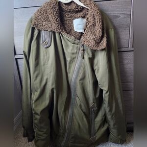 Anthropologie Olive Green Jacket with Brown Sherpa Feel Lining